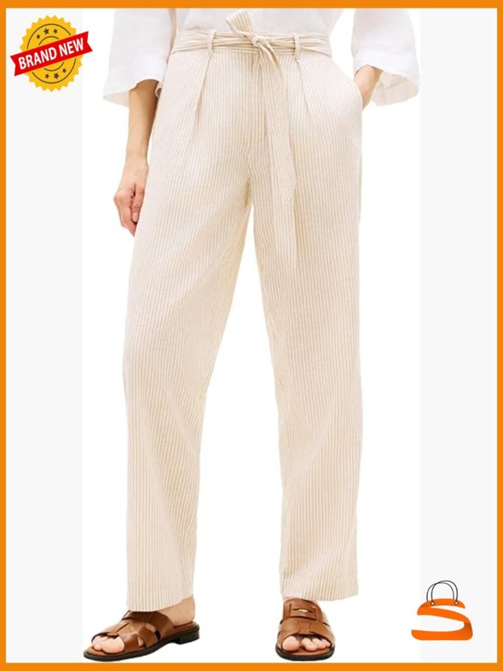 Linen Tapered Fit Pants with Belt, High Rise Striped Casual Bottoms